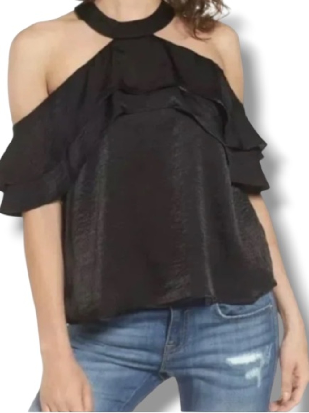 Chloe & Katie Women’s Cold Shoulder Dressy Black Ruffle Halter Top Blouse NWOT